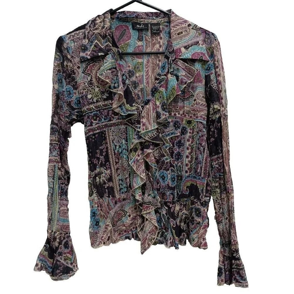 VTG Y2K MDS California Blouse Top Womens Large Purple Paisley Ruffle Sheer Boho